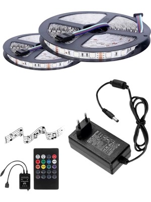 Powerr Led Aydınlatma 10 Metre 12V 60 Ledli Rgb Iç Mekan Şerit LED 5A Priz Tipi Plastik Adaptör Sese ve Müziğe Duyarlı LED Kontrol Üniteli Set