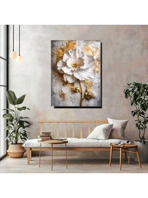 Artprinta Beyaz Gold Çiçek Kanvas Tablo – Modern Lüks Duvar Dekorasyonu