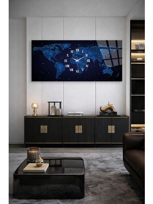 Olinpa Kırılmaz Cam Duvar Saati , Hem Tablo Hem Saat Gece ve Yıldızlar Dünya Haritası Temalı Ev Ofis Hediyesi