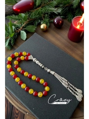 Crazy Takı Tasarım 8 MM SARI AKİK VE KIRMIZI CEYT DOĞALTAŞ 33 LÜ TARAFTAR TESBİH
