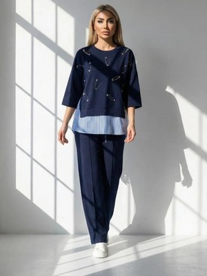 Mint 7538 Çengelli Çizgili Penye Detaylı Takım Lacivert