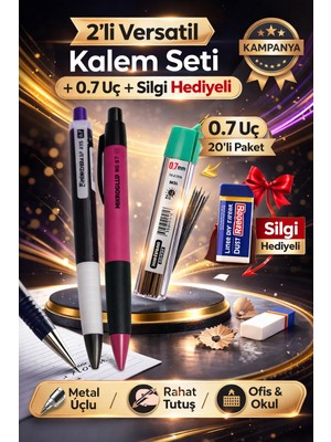 W-Design 2 Adet 0.7 Versatil Kalem + 1 Adet 0,7 Uç + 1 Adet Silgi 5 Li Set