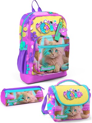 Minosso Kedi Desenli Kız Çocuk 3'lü Okul Çanta Seti Set1001