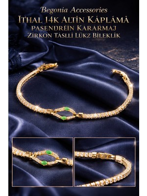 Begonia Accessories Özel Tasarım Yılan Başı & Şeffaf Baget Zirkon Taşlı Şerit Kadın Bileklik – 14K Altın Kaplama, Paslanmaz, Kararmaz, Alerji Yapmaz, Minimal Günlük Takı