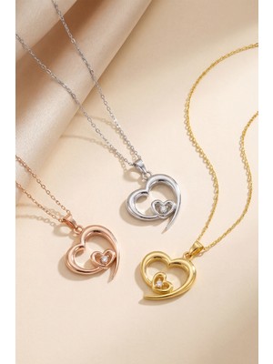 925 Ayar Gümüş Doğal Pırlantalı Kalp Kolye – 14 Ayar Altın & Rose Altın Kaplama