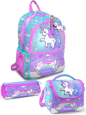 Minosso  Simli Unicorn Desenli Kız Çocuk İlkokul 3'lü Çanta Seti MINOSSOSET1007