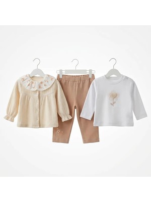 Kız Bebek Bayramlık 3’lü Takım Nakışlı Fırfır Yaka Gömlek + Body + Pantolon Seti Pamuklu  Kombin