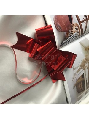 Bisaccia 4 Adet - Metalik Kırmızı Renk Çekmeli Fiyonk Süs 30MM (3 Cm) Hediye Paketi Süsleme
