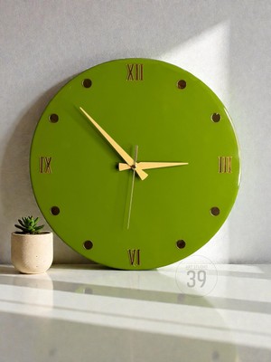 39 Art Studio Dekoratif Epoksi Duvar Saati 40 Cm, Army Green Modern Tasarım, Altın Detaylı, Sessiz Mekanizma, Yeni Ev Hediyesi