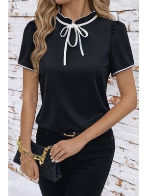 Stelol Kadın Kısa Kollu Yakası Fırfırlı Bağcıklı Janjan Krep Bluz