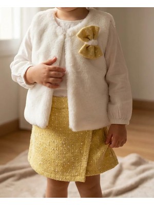 Ecolkız Kız Çocuk Bayramlık 3’lü Şık Takım Peluş Yelek + Uzun Kollu Bluz + Simli Etekli Kombin