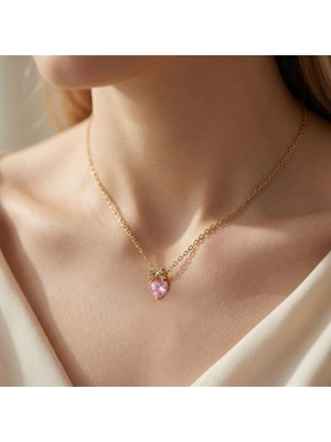 Vaoov Altın Kaplama Kurdeleli Pembe Kalp Çelik Kolye