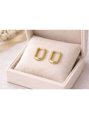925 Ayar Gümüş Gold Renk Kalın Dikdörtgenimsi Oval Küpe