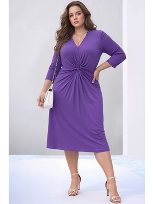 Mamayaga Kadın V Yaka Büyük Beden Önden Düğümlü  Asimetrik Kesim Truvakar Kol Şık Curve Abiye Elbise
