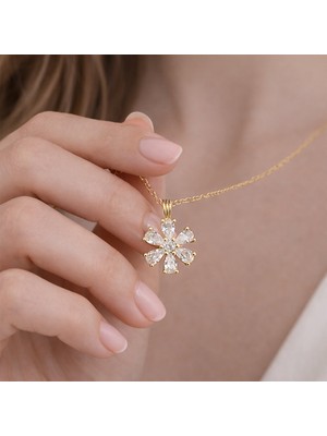 Vaoov 14 Ayar Altın Kaplama Çelik Beyaz Taşlı Lotus Kolye