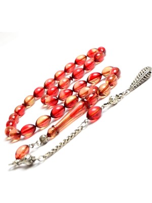 Burhan Sağlam Arpa Kesim 13X8 mm Ateş Kehribar Alpaka Püsküllü Tesbih