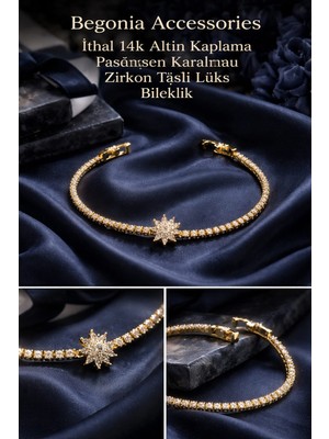 Begonia Accessories Özel Tasarım Yıldız Figürlü Zirkon Taşlı & Şeffaf Baget Taşlı Şerit Kadın Bileklik – 14K Altın Kaplama, Paslanmaz, Kararmaz, Alerji Yapmaz, Minimal Günlük Takı, 21 cm