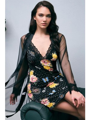Aria's Closet Arias Closet Tül Sabahlık ve Viskon Çiçek Baskılı Dantelli Kısa Gecelik Takım