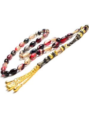 Burhan Sağlam Arpa Kesim 11X7 mm Ateş Kehribar Alpaka Püsküllü Tesbih