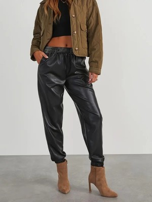 paris store Kadın Yüksek Bel Lastikli Önü Düğmeli Deri Pantolon