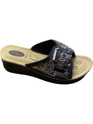 Güven Kundura Kadın Dolgu Topuk Taşlı Tokalı Fiyonklu Işıltılı Terlikler