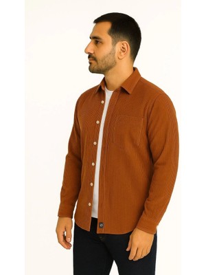 Modatıkla Erkek Fitilli Kadife Cepli Gömlek Oversize Rahat Kalıp - Kahverengi