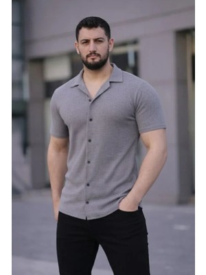 paris store Erkek Waffle Kumaş Kısa Kollu Düğmeli Açık Yaka Regular Fit Gömlek - Gri