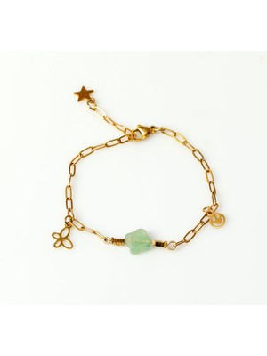 Taş Sandığı Yonca Formlu Yeşil Çilek Kuvars Taşlı Gold Çelik Bileklik