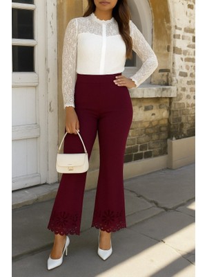 paris store Kadın Yüksek Bel Paçaya Doğru Genişleyen Lazer Çiçek Kesim Detaylı Ithal Krep Pantolon
