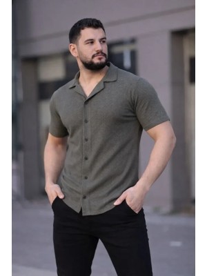 paris store Erkek Waffle Kumaş Kısa Kollu Düğmeli Açık Yaka Regular Fit Gömlek - Haki