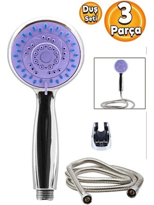 abnturk 3'lü Banyo Duş Başlığı Seti Duş Fiskiyesi Telefonu Yuvarlak Başlık Metal Hortumu Sistemleri Mor