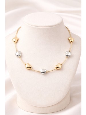Lia Charm Altın ve Gümüş Renkli Kalp Detaylı Gold Zincir Vip Kolye