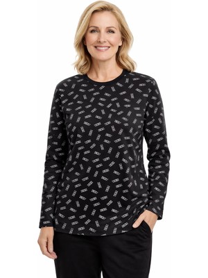 Mutlu City Kadın Desenli Yuvarlak Yaka Rahat Kesim Orta Yaş ve Üzeri Anne Penye Bluz 8551
