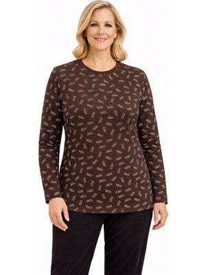 Mutlu City Kadın Desenli Yuvarlak Yaka Rahat Kesim Orta Yaş ve Üzeri Anne Penye Bluz 8551