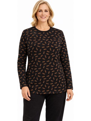 Mutlu City Kadın Desenli Yuvarlak Yaka Rahat Kesim Orta Yaş ve Üzeri Anne Penye Bluz 8551