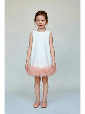 Magu Kız Çocuk Pamuklu Ekru Pembe Tül Fırfırlı Kolsuz Elbise - Katlı Etek Detaylı