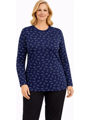 Mutlu City Kadın Desenli Yuvarlak Yaka Rahat Kesim Orta Yaş ve Üzeri Anne Penye Bluz 8551