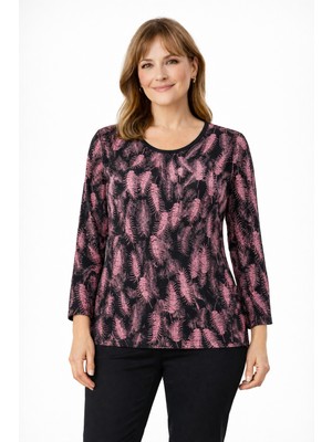 Mutlu City Kadın Çiçek Desenli Yuvarlak Yaka Orta Yaş Anne Penye Bluz 9060