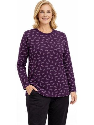 Mutlu City Kadın Desenli Yuvarlak Yaka Rahat Kesim Orta Yaş ve Üzeri Anne Penye Bluz 8551