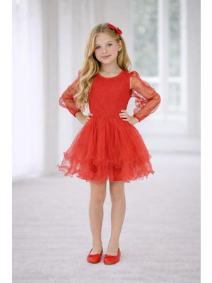 Dıgıl Kids Kız Çocuk Abiye Elbise Kırmızı Misinalı Simli Kolu Tüllü