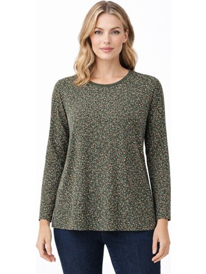 Mutlu City Kadın Çıtır Çiçek Desenli Yuvarlak Yaka Orta Yaş Anne Penye Bluz 9050