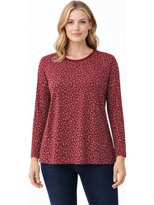 Mutlu City Kadın Çıtır Çiçek Desenli Yuvarlak Yaka Orta Yaş Anne Penye Bluz 9050