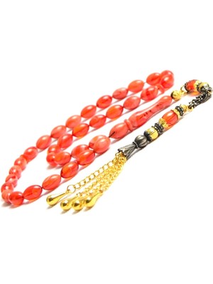 Burhan Sağlam Arpa Kesim 11X7 mm Ateş Kehribar Alpaka Püsküllü Tesbih