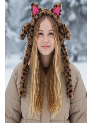 Caş Dekorasyon Karışık Renk Leopar Desenli Kulakları Oynayan Peluş Kulaklık