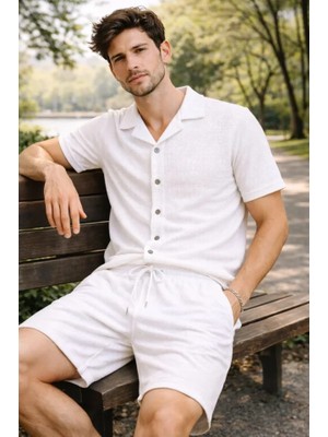 Beruflic Erkek Waffle Kumaş Kısa Kollu Gömlek Şort Takım Regular Fit Yazlık Ikili Set - Beyaz
