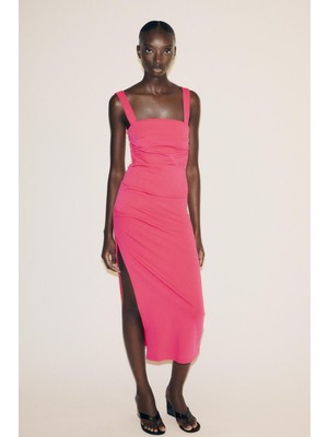 Allbucks Zara, Kalın Askılı Yırtmaçlı Pilili Midi Elbise ABZRA3756