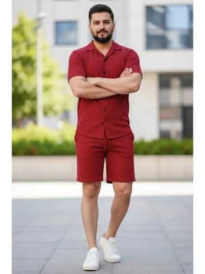 Marsilyan Erkek Waffle Kumaş Kısa Kollu Gömlek Şort Takım Regular Fit Yazlık Ikili Set - Bordo