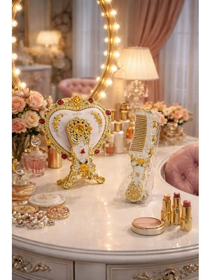 Seymen Bıçakçılık Lüks Büyük Boy Ayna Tarak Seti – Taşlı Gold Işlemeli Vintage Model