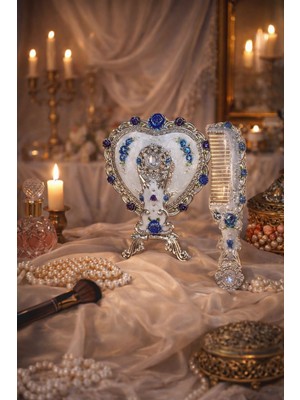 Seymen Bıçakçılık Lüks Büyük Boy Gümüş Ayna Tarak Seti – Mavi Taşlı Vintage Model