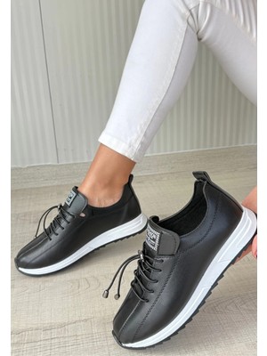 Indispensablely Monya Siyah Cilt Bağcıklı Spor Ayakkabı